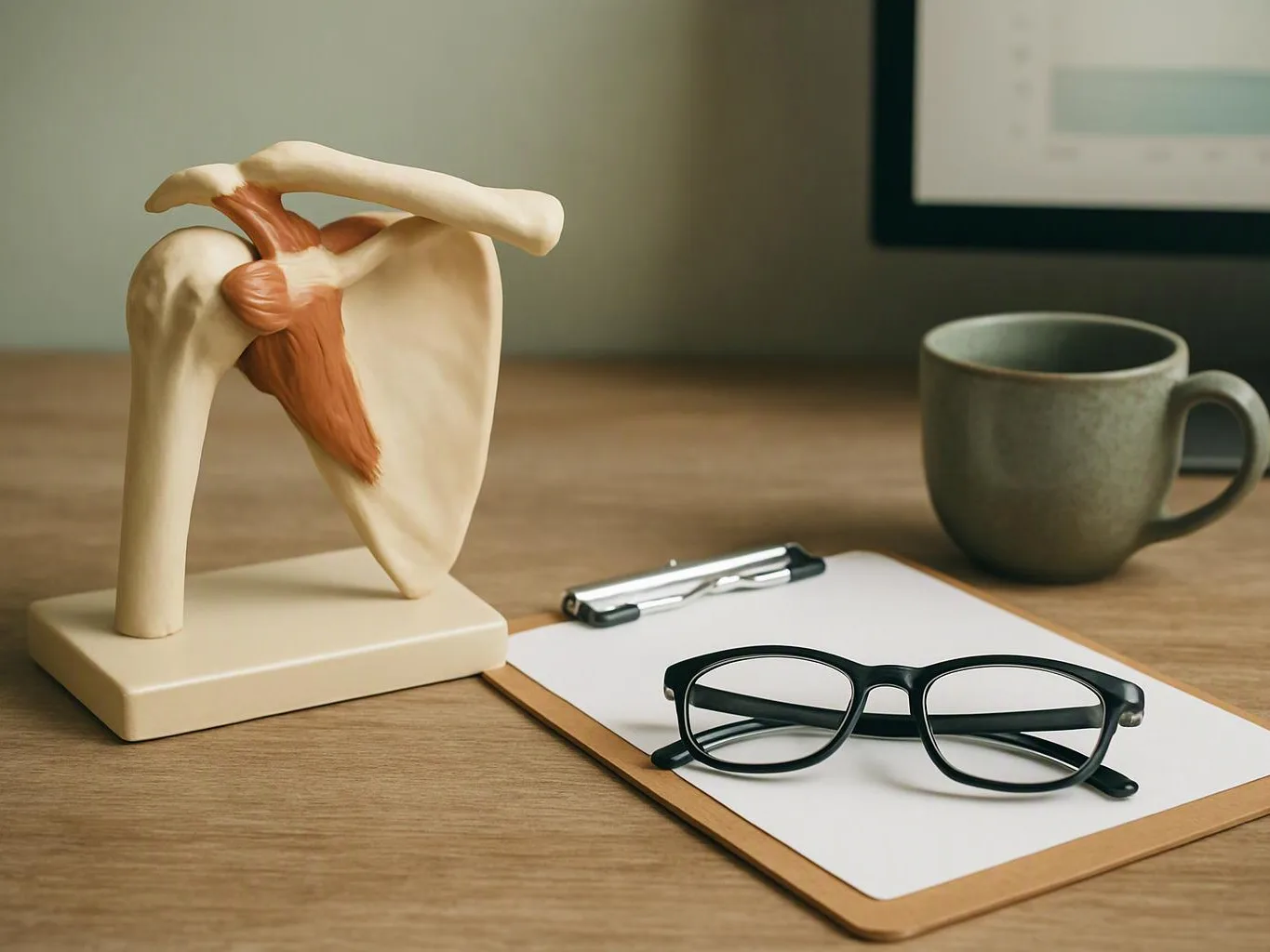 An anatomical shoulder model sits beside eyeglasses, a clipboard, and a mug on a wooden desk