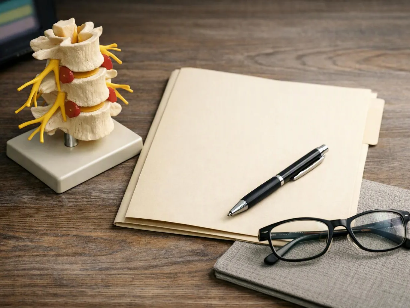 An anatomical spine model sits beside a folder, pen, eyeglasses, and notebook on a wooden desk