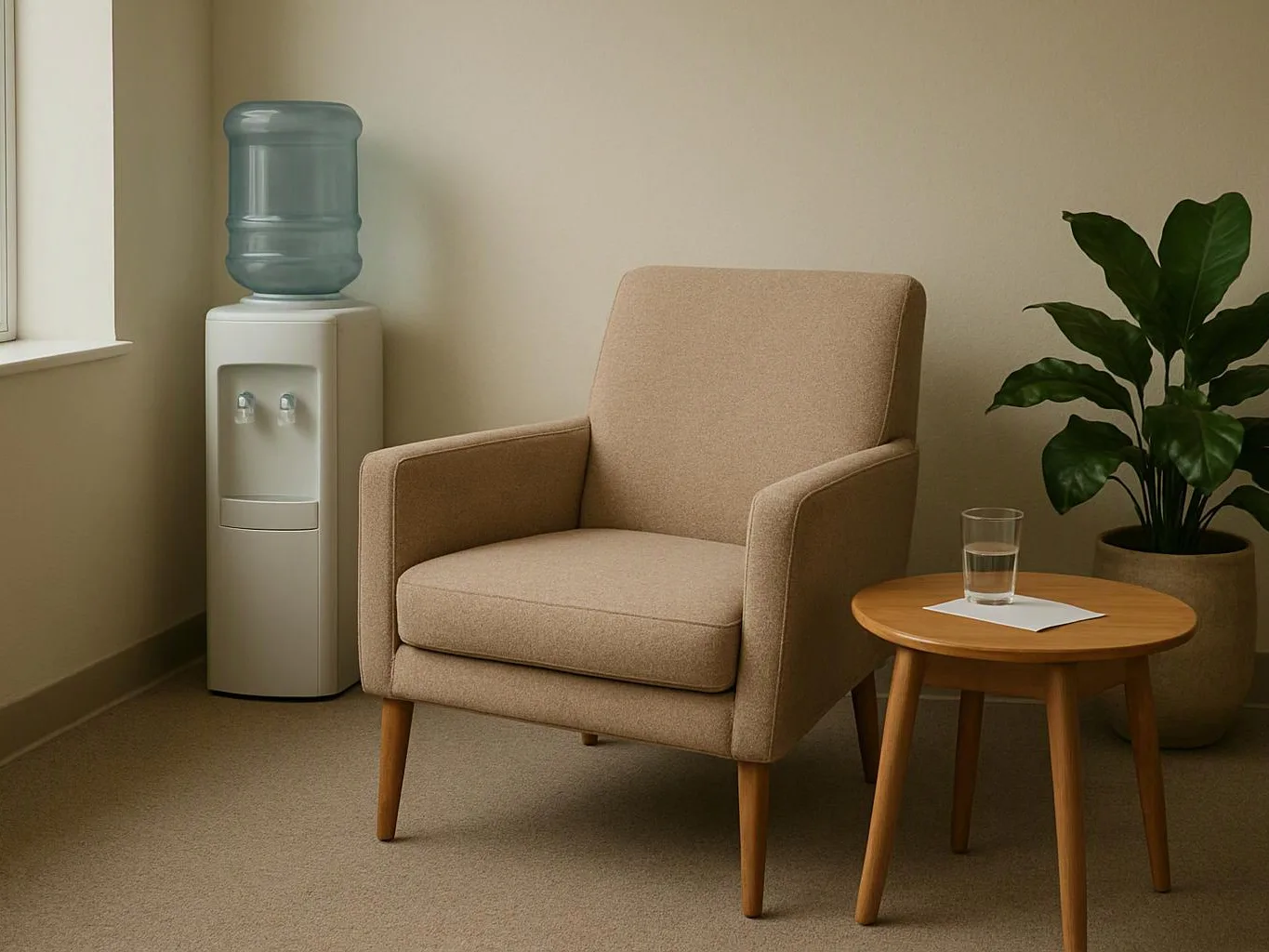 A beige armchair sits beside a water cooler and small table with a glass and paper, next to a potted plant