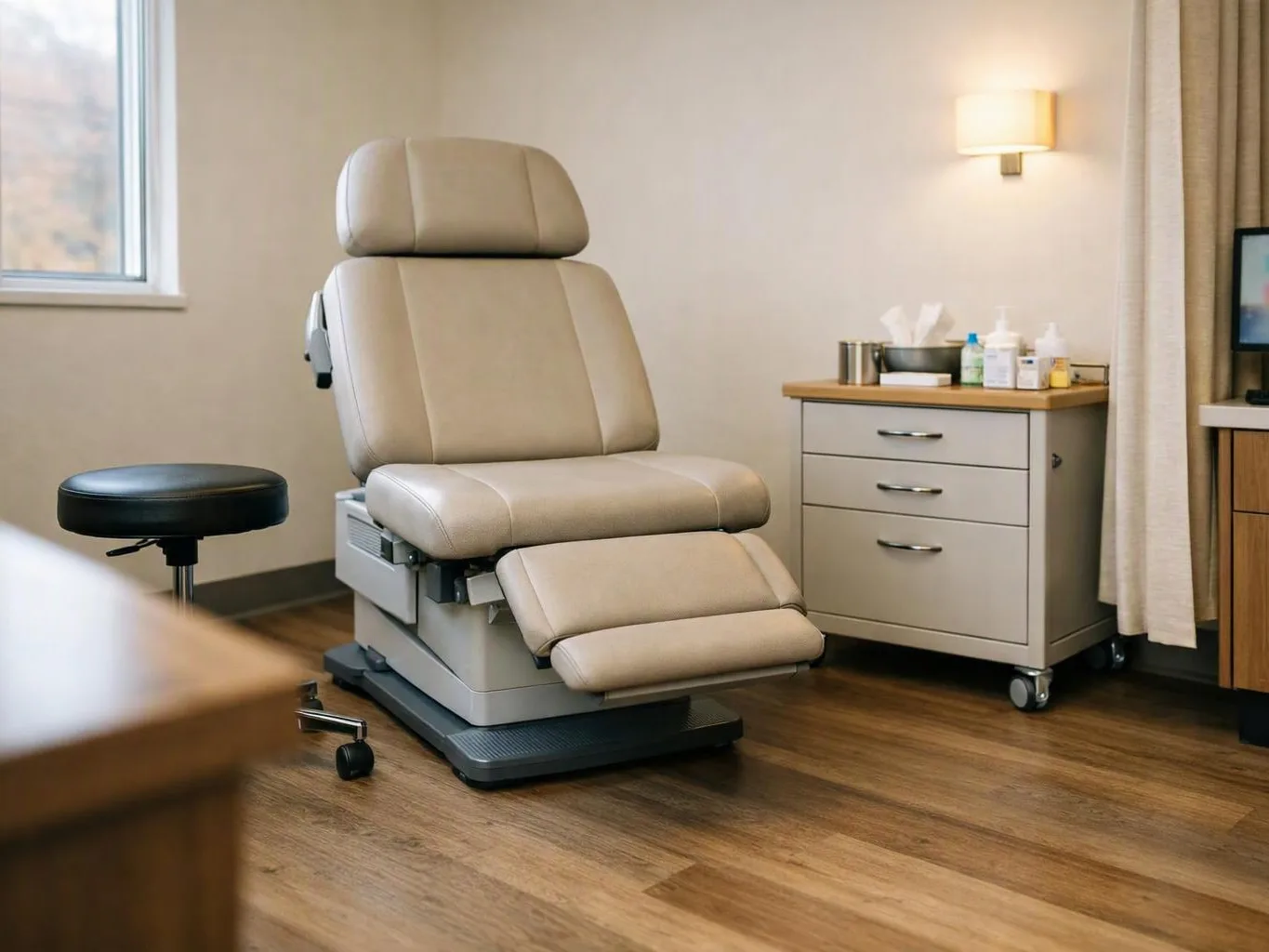A beige exam chair sits in a clean medical room beside a stool and rolling cabinet