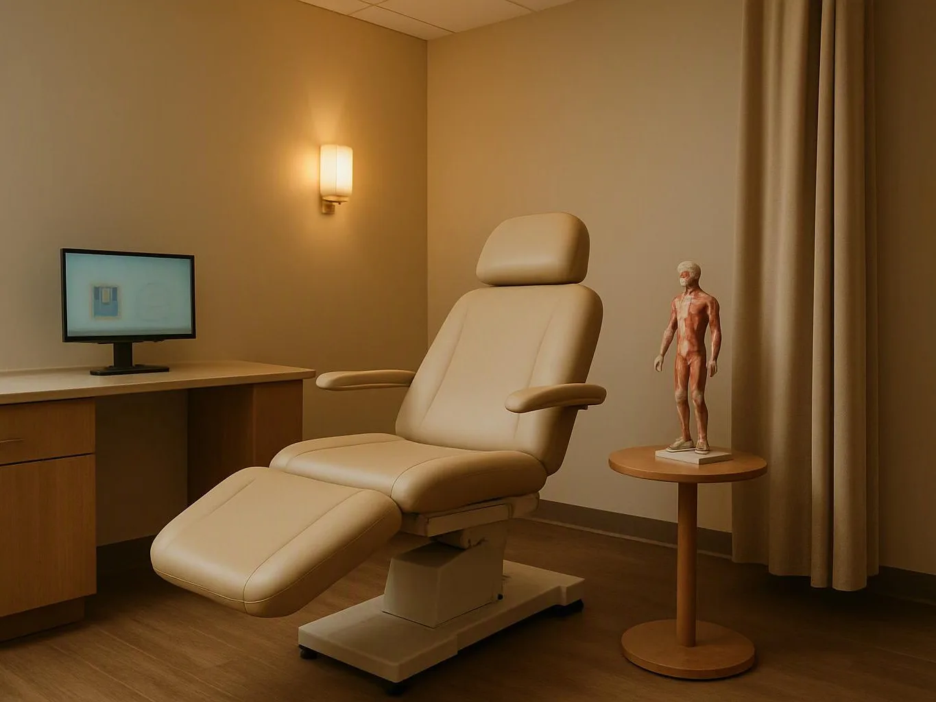 A beige exam chair sits in a quiet room beside a desk, monitor, wall light, and anatomical model