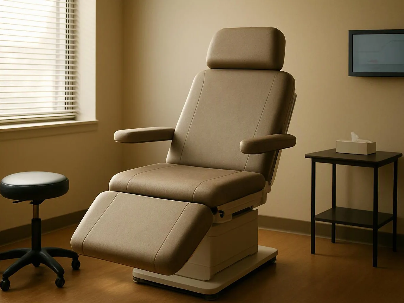 A beige exam chair sits in a quiet room beside a stool, a side table, and a window with blinds