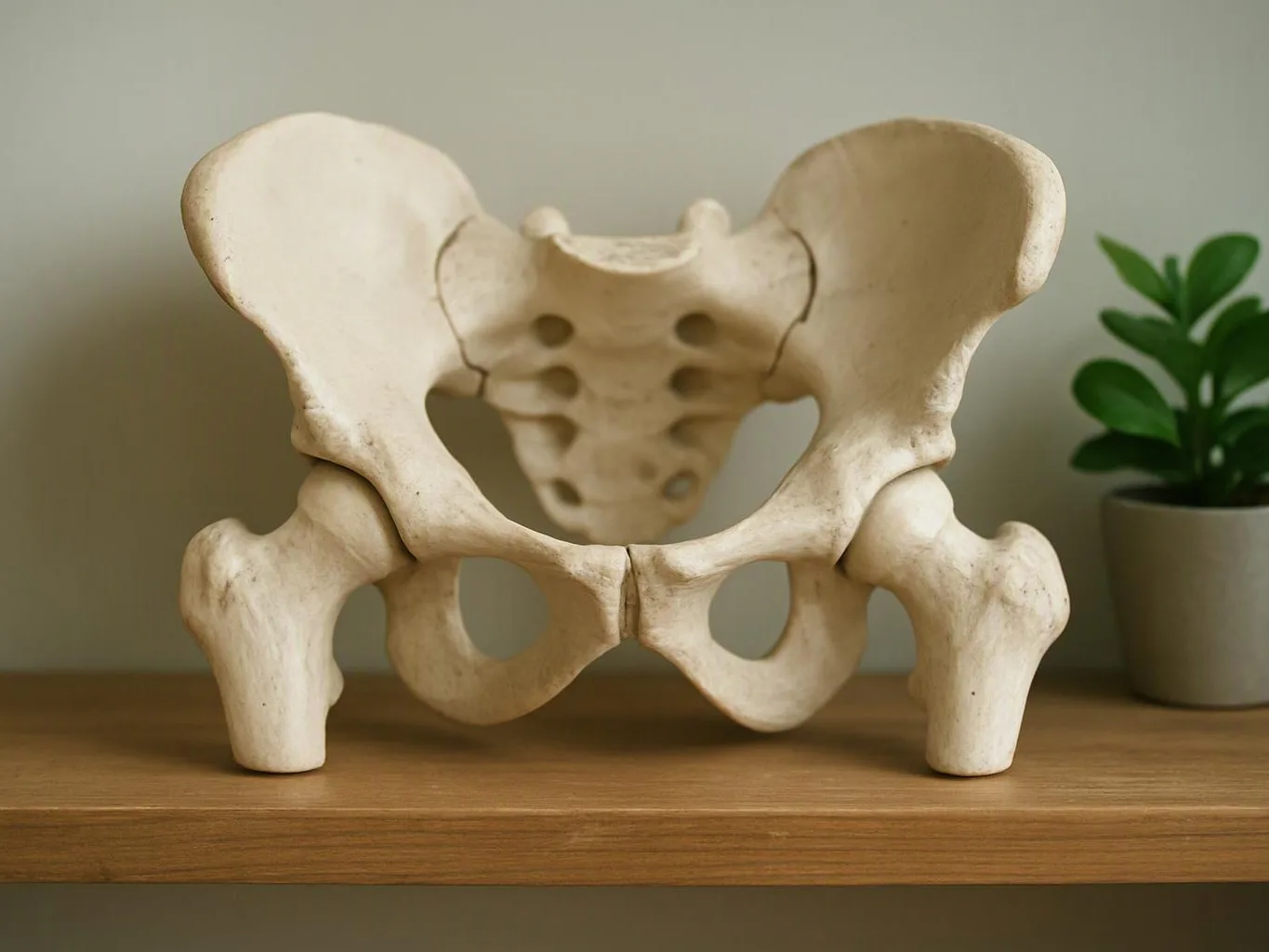 A beige pelvic bone model sits on a wooden shelf beside a small potted plant