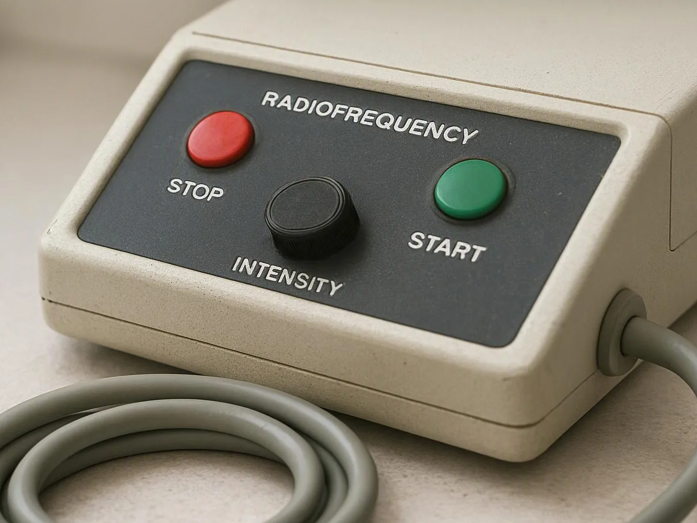 A beige radiofrequency device shows red stop, green start, and a black intensity knob with a coiled cable attached