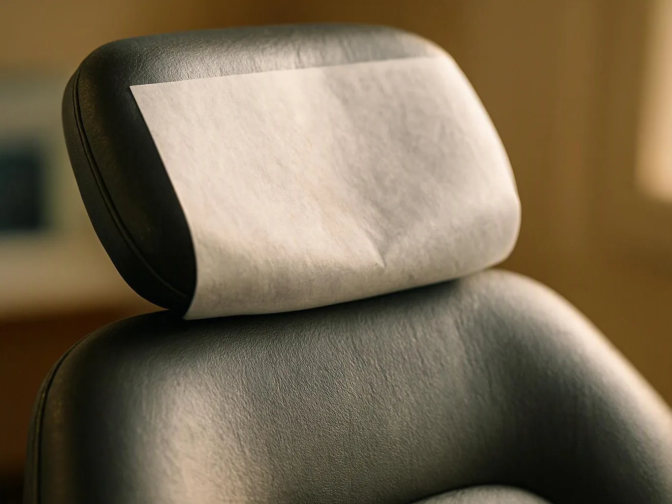 A black leather chair headrest with a white paper cover sits in warm indoor light