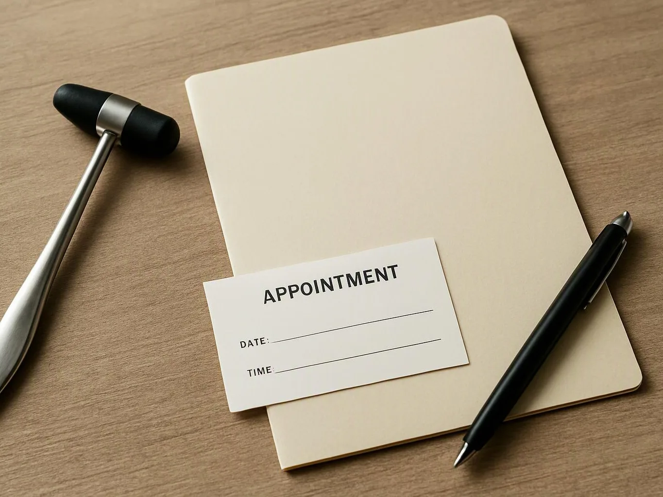 A blank appointment card rests on a folder beside a pen and a desk gavel on a wooden table