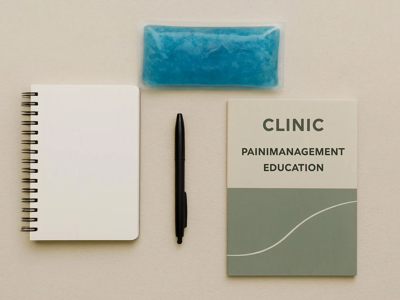 A blank spiral notebook, a black pen, a blue gel pack