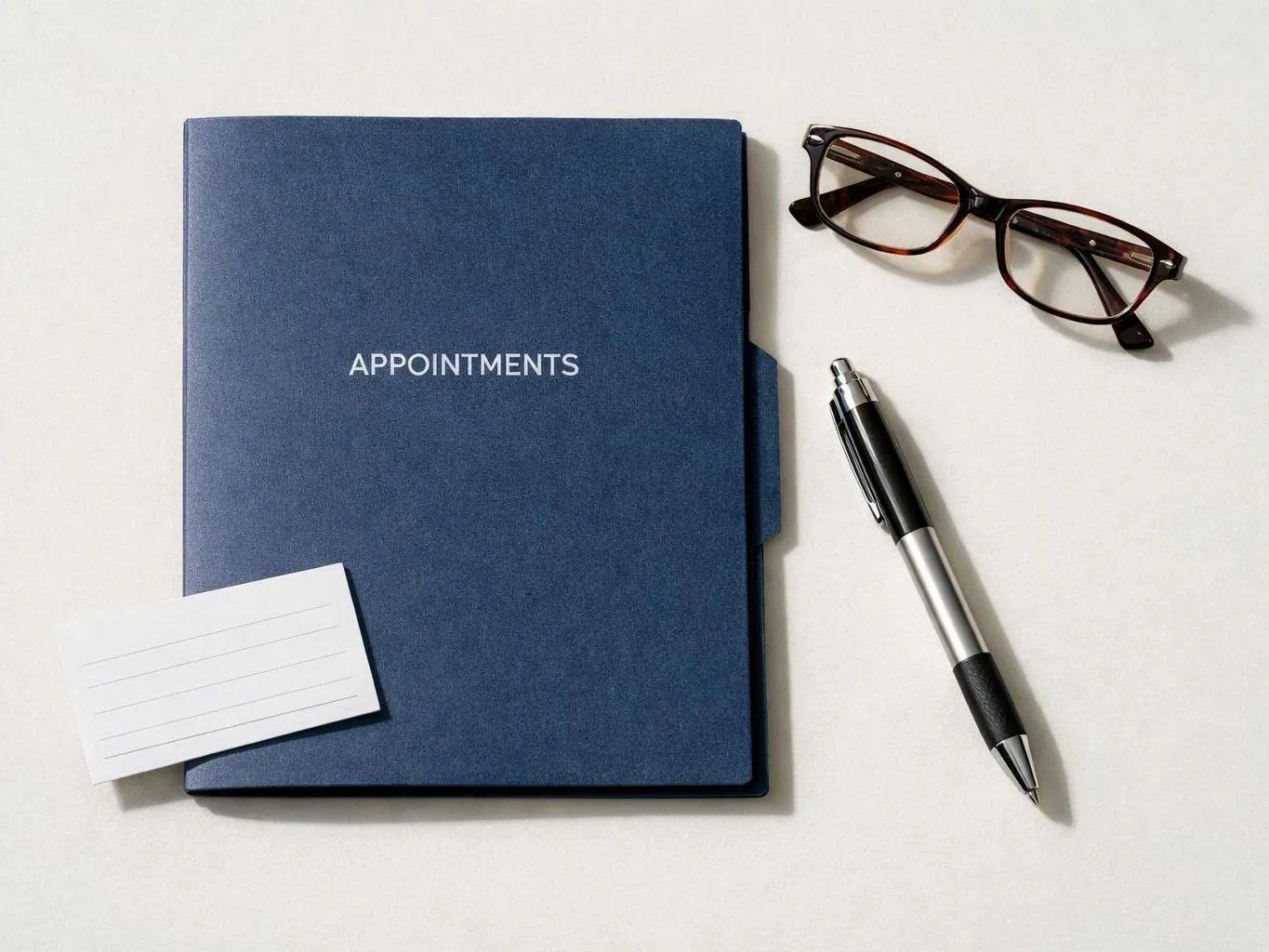Blue appointments folder beside glasses, a pen, and a blank note card on a white surface