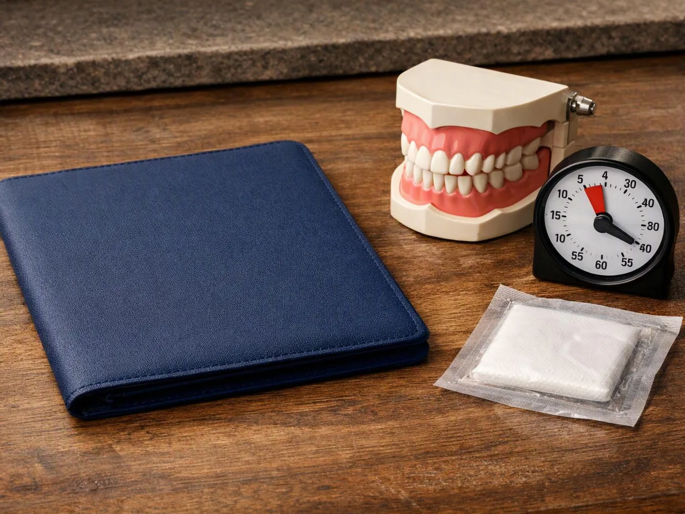 A blue binder, dental model, timer, and sealed packet rest on a wooden table