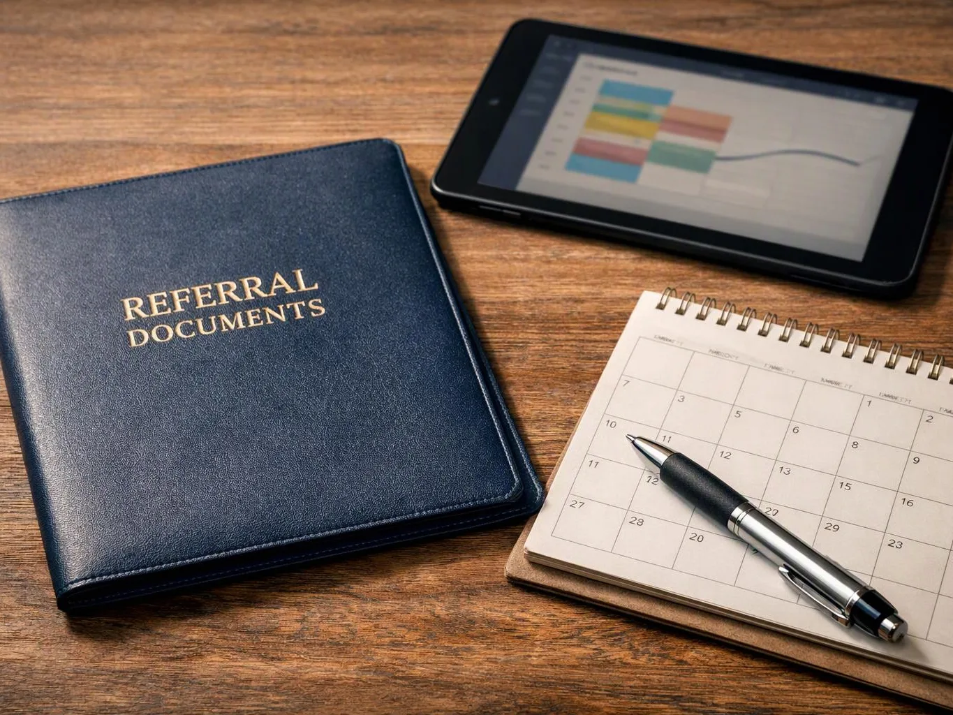 A blue folder labeled referral documents sits beside a tablet, calendar, and pen on a wooden desk