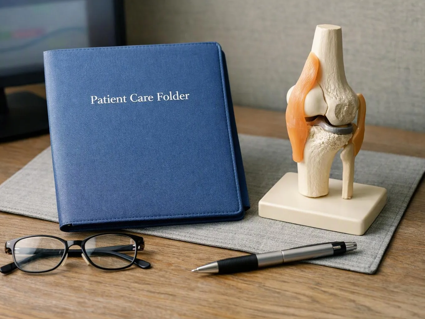 A blue patient care folder, knee joint model, glasses, and a pen sit on a wooden desk