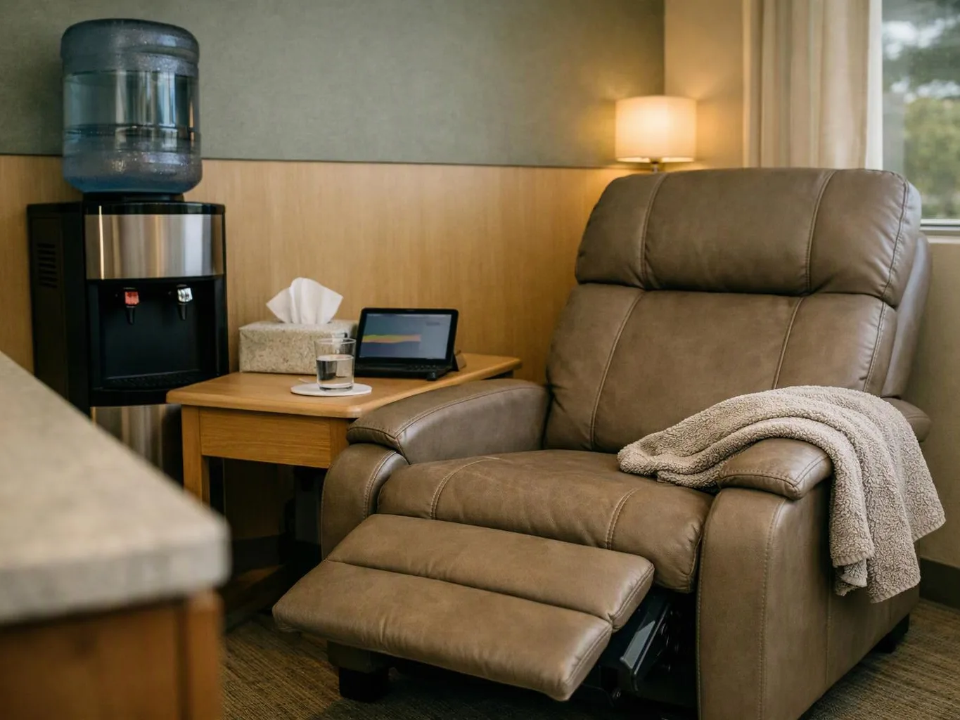 A brown recliner sits beside a water cooler and side table with a drink, tissue box, and tablet in a quiet room