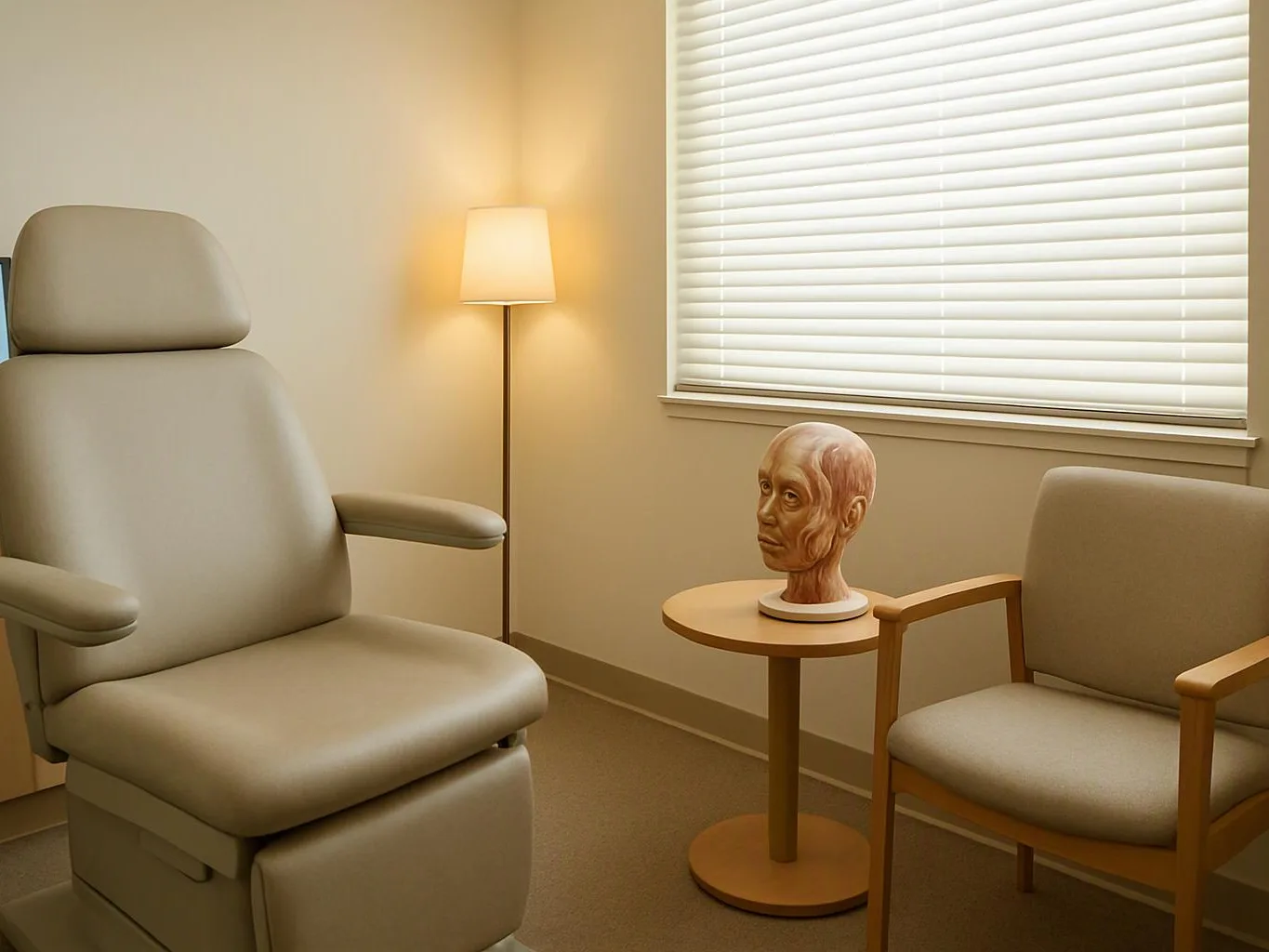 A calm waiting room has two beige chairs, a floor lamp, a small table, and a sculpted head bust by the window