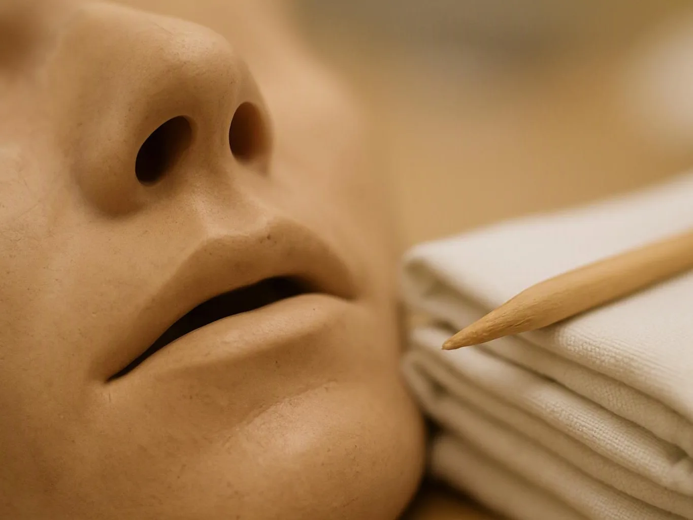A clay face sculpture rests beside folded white cloth with a wooden tool pointing at it