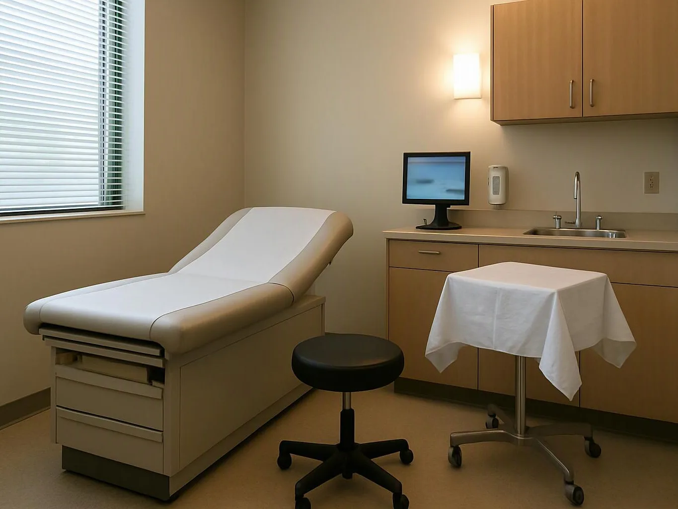 A clean exam room shows a paper-covered table, stool, sink, cabinet, and a small monitor on the counter