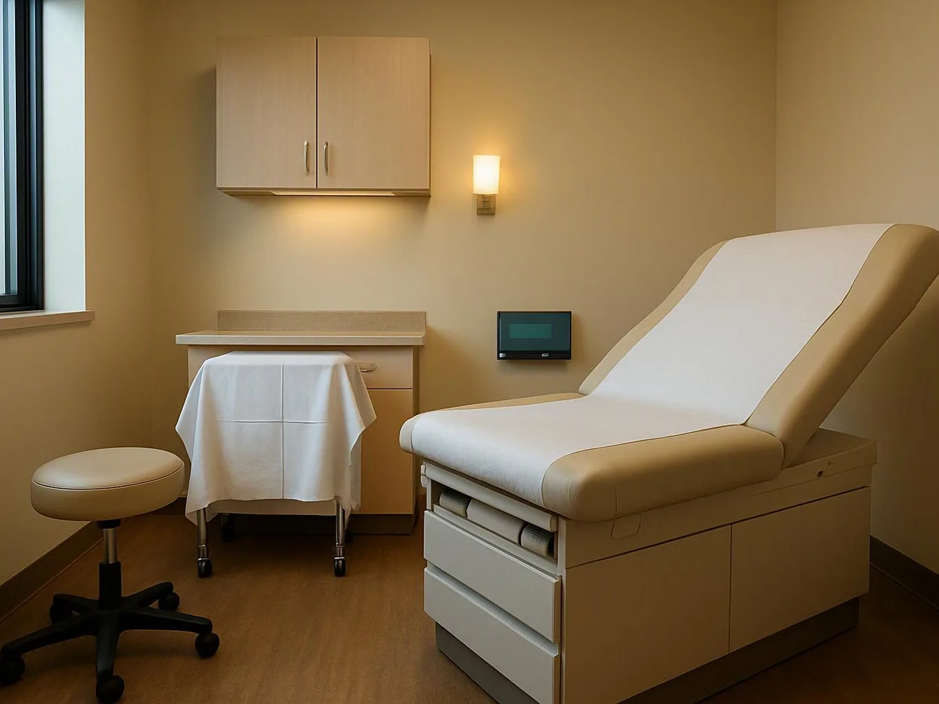 A clean examination room shows an adjustable medical bed, stool, sink cabinet, and soft wall light