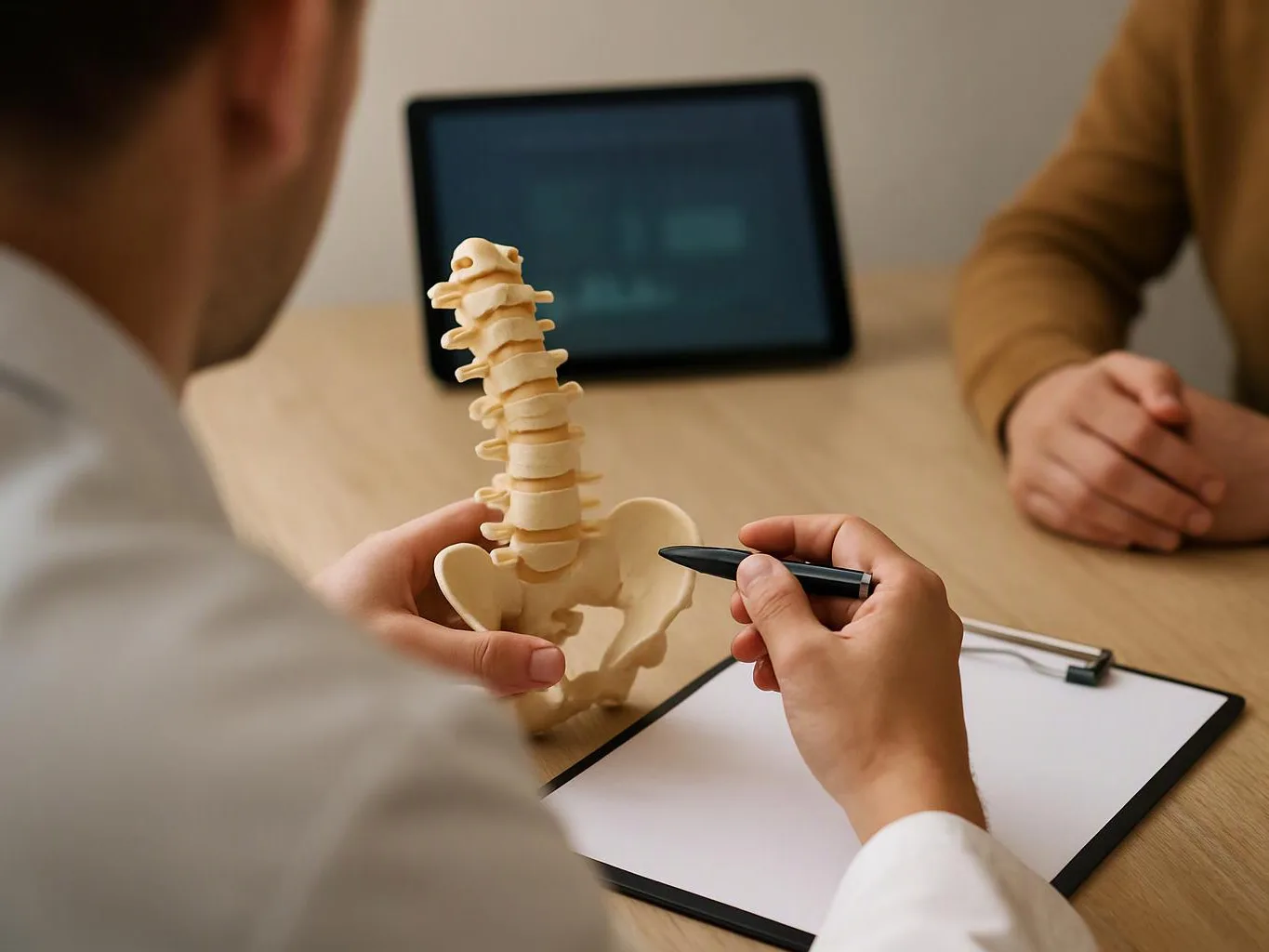 A clinician points at a spine model during a consultation at a wooden table
