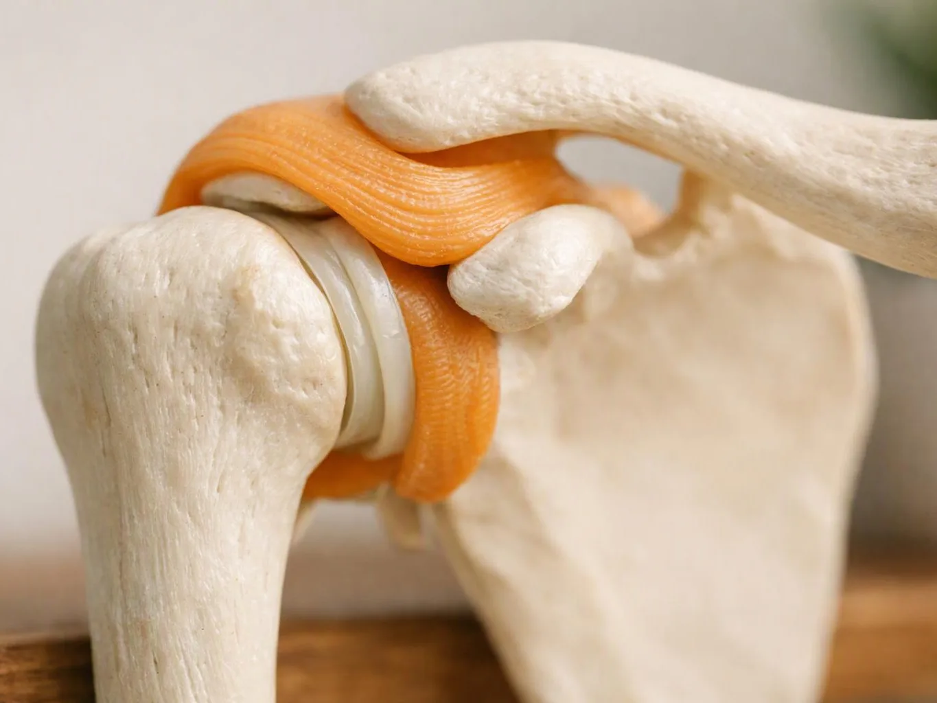 A close-up anatomical model shows a shoulder joint with orange ligaments and white bones on a wooden surface