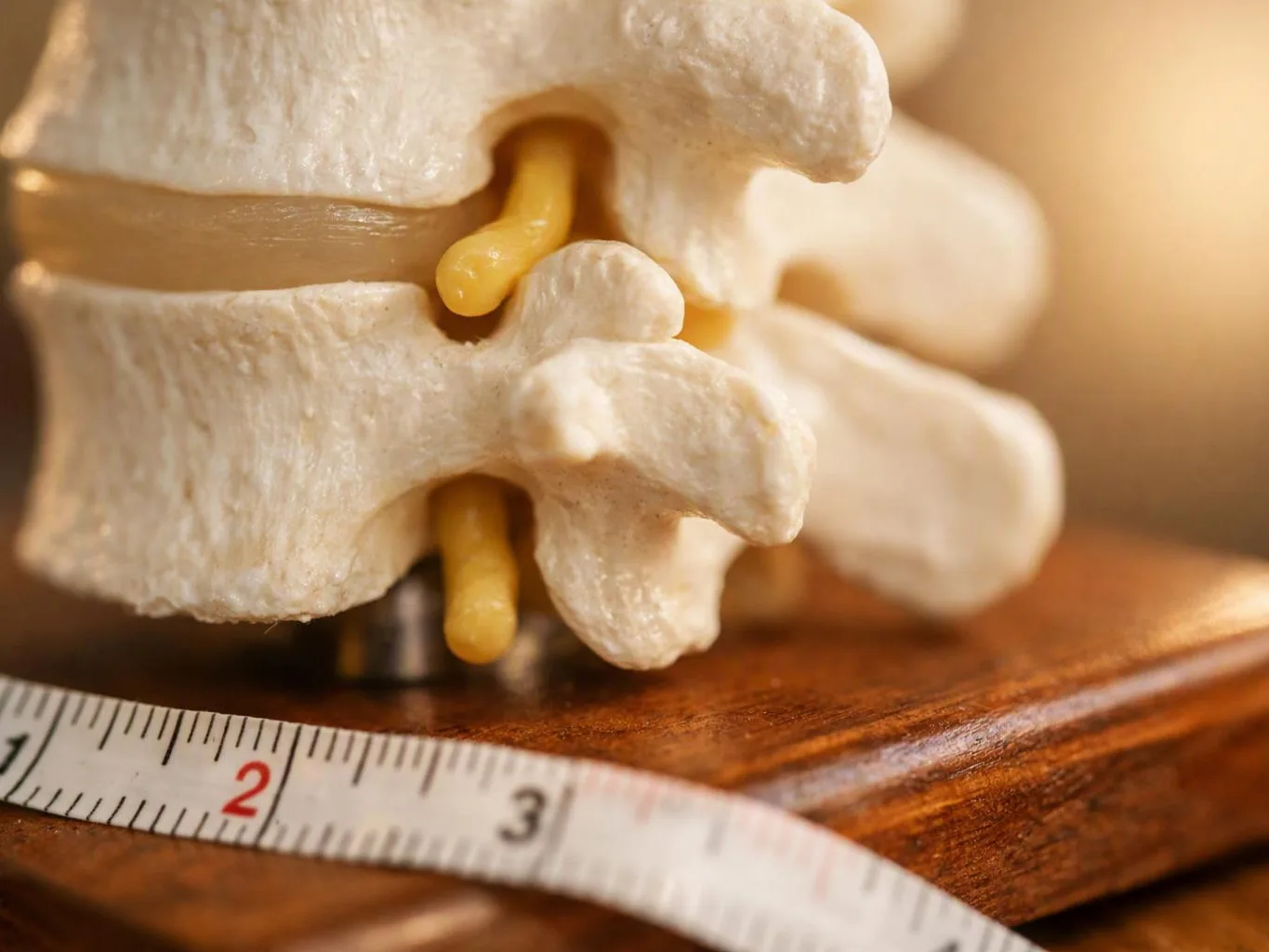A close-up shows a small spine model with a measuring tape on a wooden surface