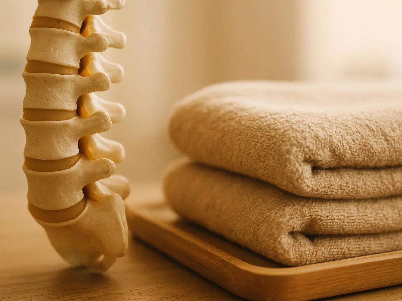 A close-up shows a spine model beside folded beige towels on a wooden tray