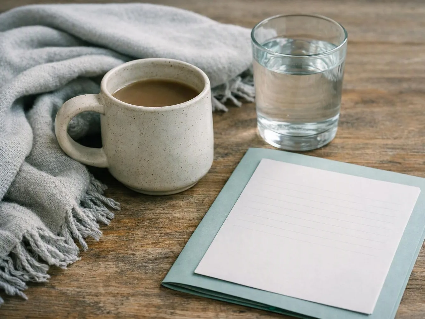A coffee mug, glass of water, and blank notepad sit on a wooden table beside a gray blanket