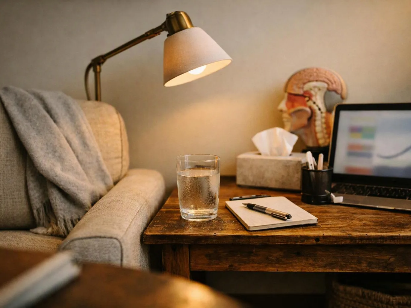 A cozy desk holds a lamp, water glass, notebook, pen, tissues, and a laptop beside a sofa