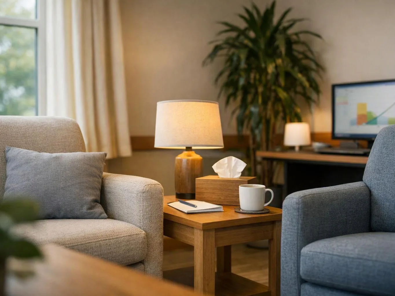 Cozy living room with two armchairs, a lamp, side table, tissue box, mug, notebook, and computer desk in back