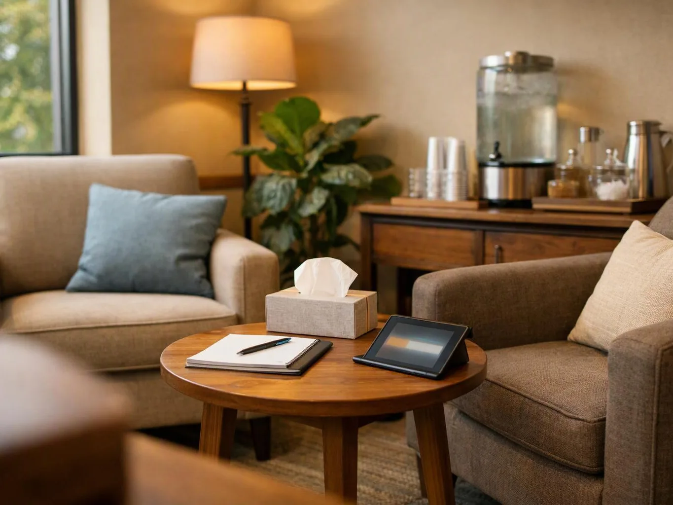 A cozy lounge shows two armchairs, a round table with a tissue box and tablet, and a drink station behind them