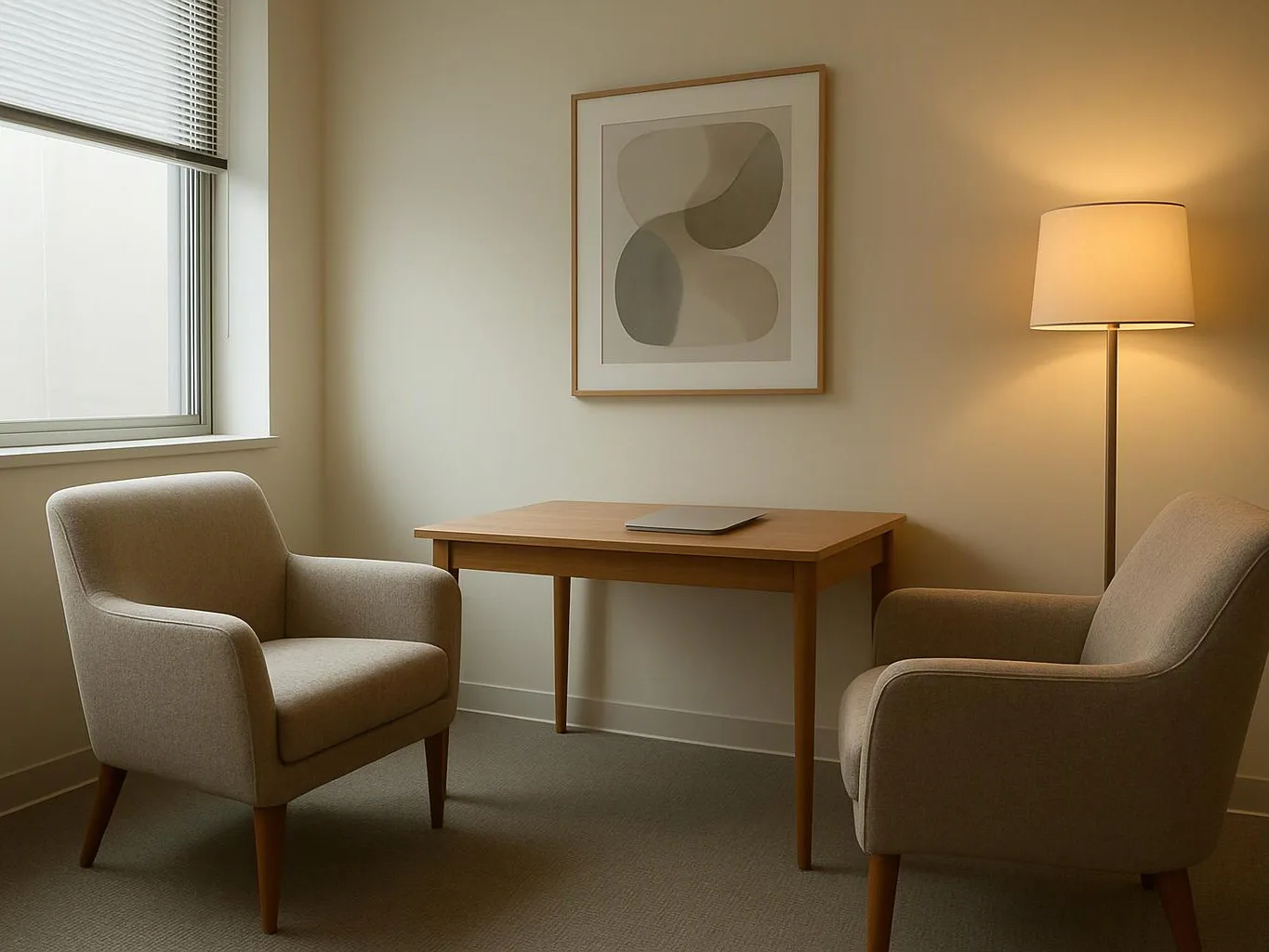 A cozy seating nook has two beige armchairs, a wooden table, a floor lamp, and abstract wall art by a window
