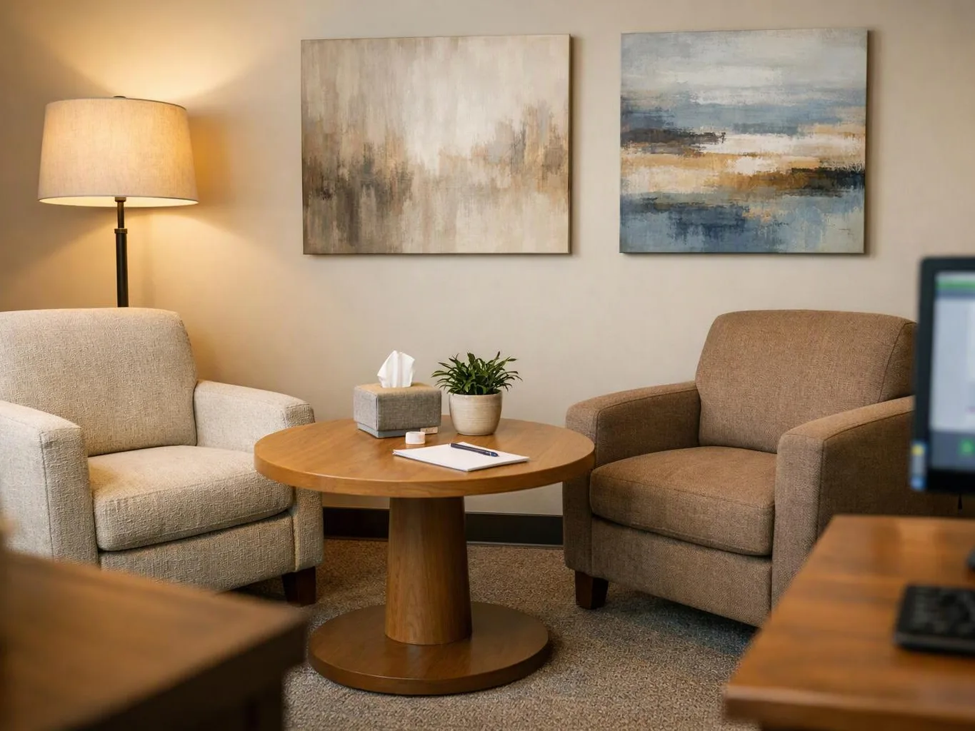 A cozy waiting area has two armchairs, a round table with tissues and a plant, and a lit floor lamp