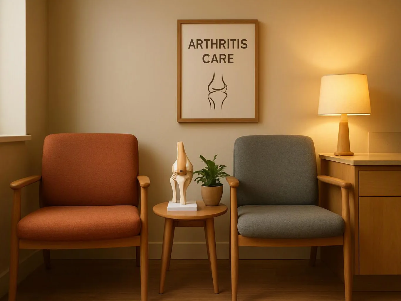 A cozy waiting room has two chairs, a lamp, a small table with a knee model and plant, and an “ARTHRITIS CARE” poster