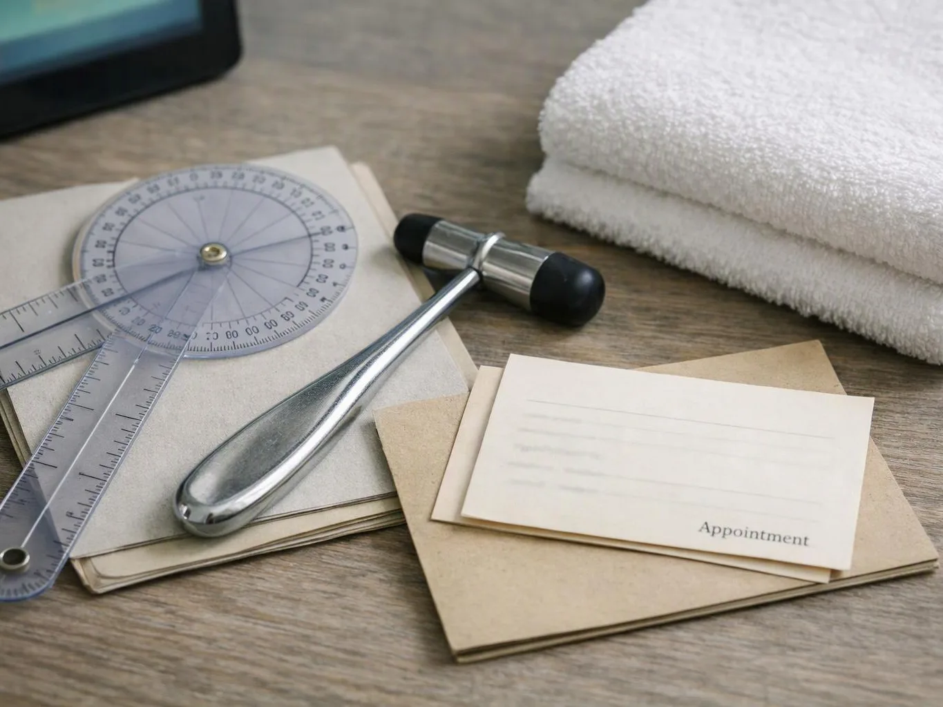 Dental tools and appointment cards sit on a wooden table beside folded white towels
