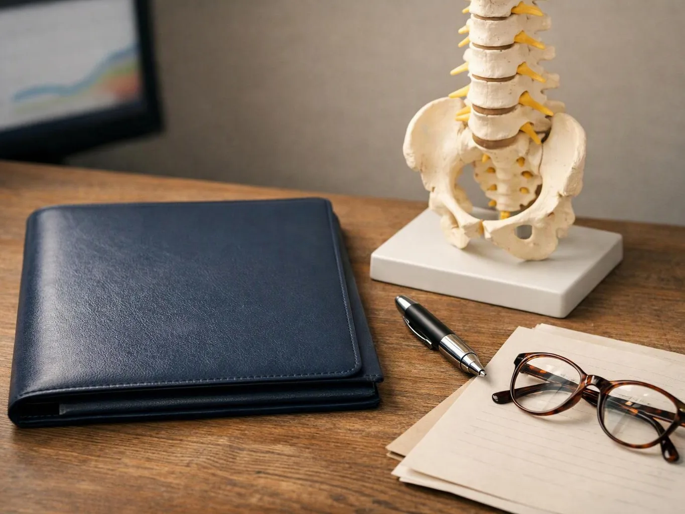 A desk holds a blue folder, a pen, papers with glasses, and a spine model on a stand