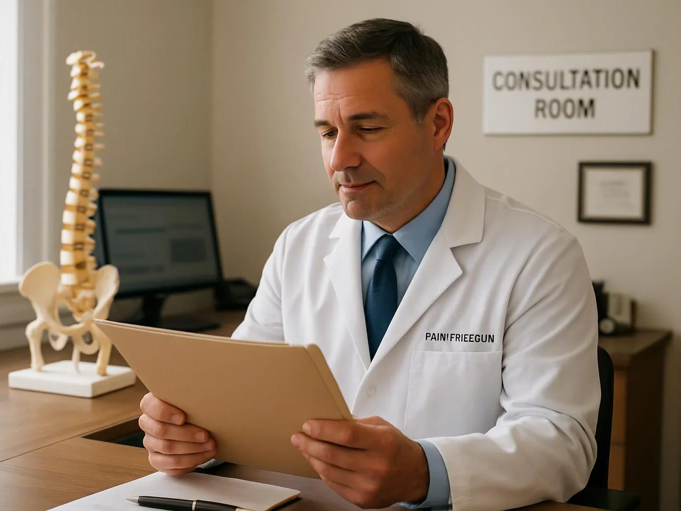 A doctor in a consultation room reads a folder beside a spine model and computer monitor