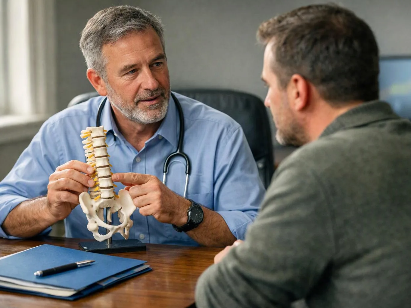 A doctor holds a spine model and points to it while talking with a patient in an office