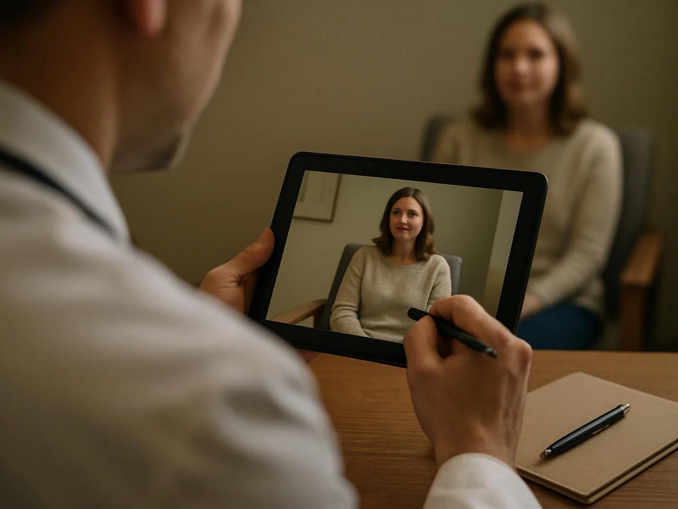 A doctor holds a tablet showing a seated woman, while a blurred patient sits in the background during a consultation
