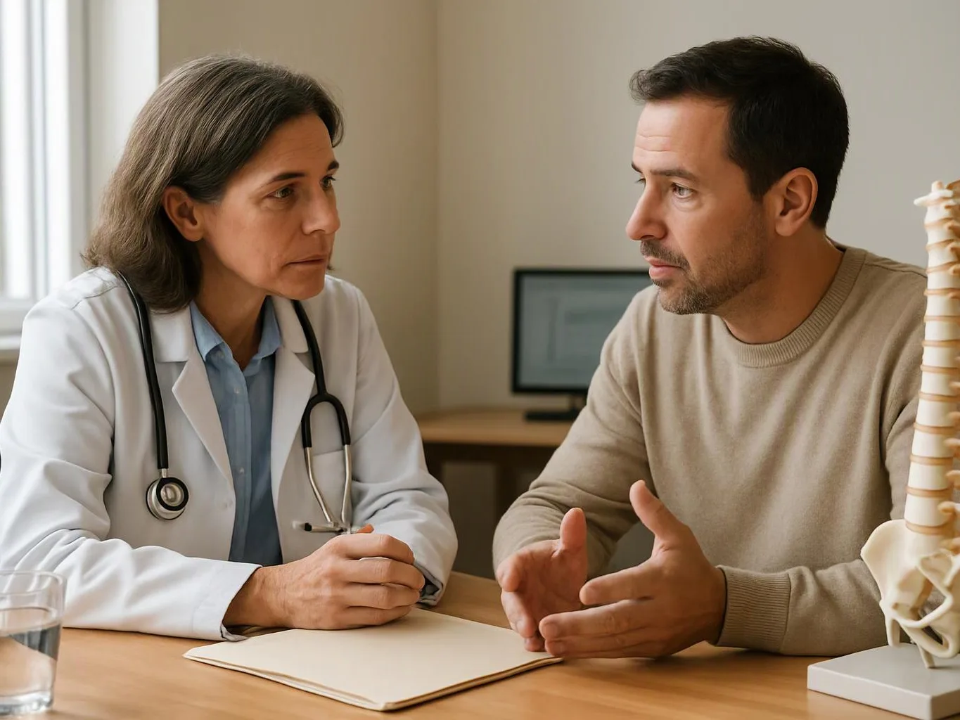 A doctor listens to a man at a desk, with a spine model and computer in a clinic room