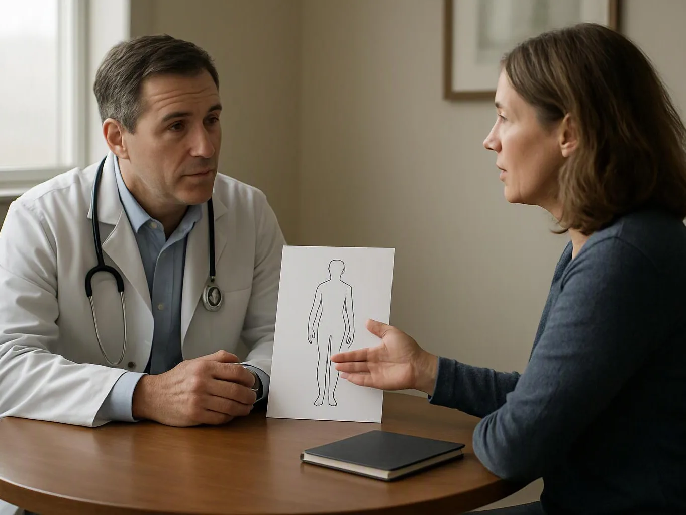 A doctor listens to a woman at a table while she points to a body outline drawing