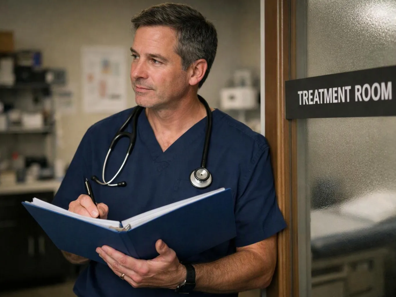 A doctor in navy scrubs stands by a treatment room door, writing in a blue folder with a stethoscope around his neck