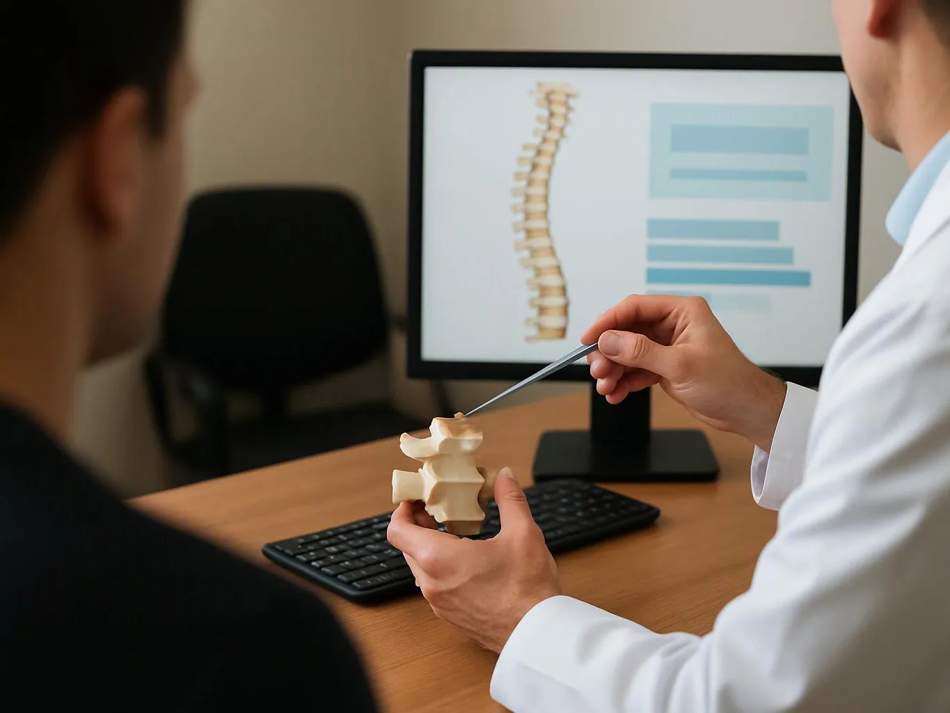 A doctor points at a spine model beside a computer showing a spine chart in a clinic office