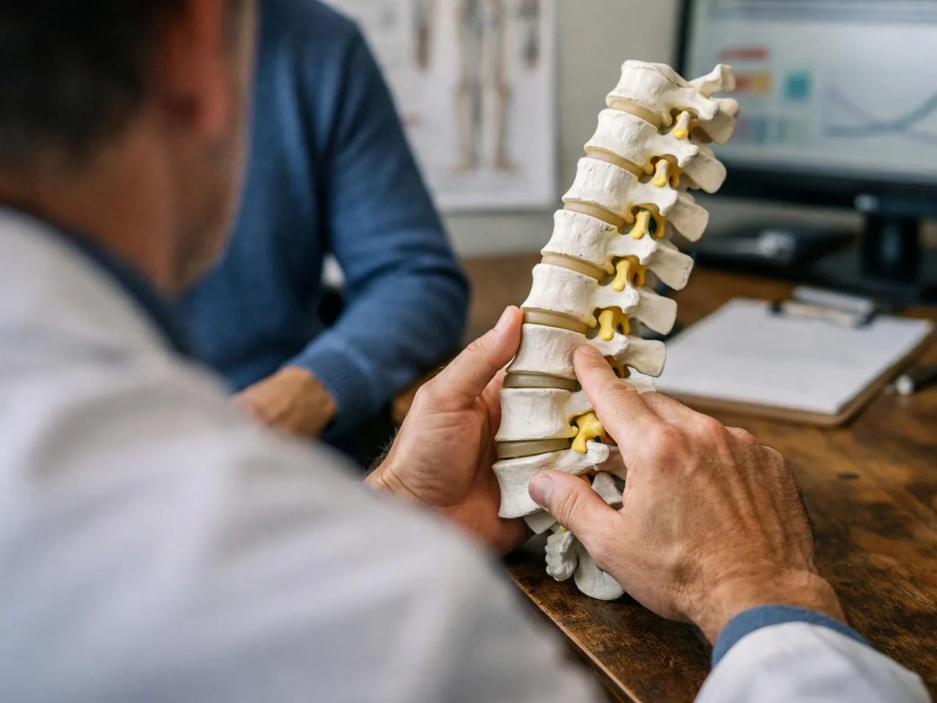 A doctor points to a spine model during a consultation at a wooden desk