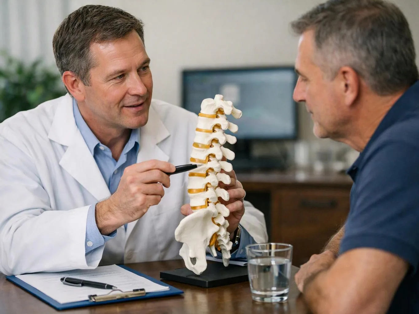 A doctor points to a spine model while talking with a seated man in an office setting