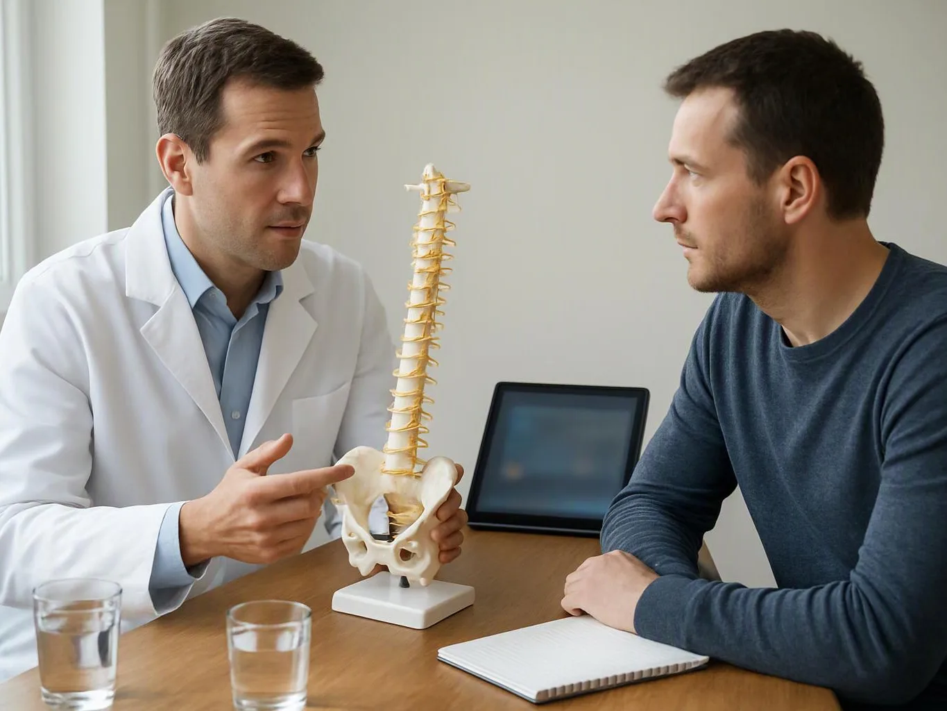 A doctor points to a spine model while talking to a seated man in a clinic office