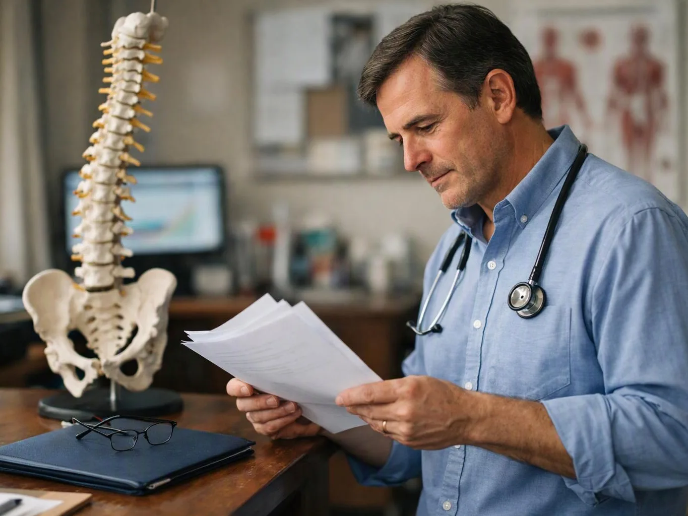 A doctor reads papers beside a spine model and desk in an exam room