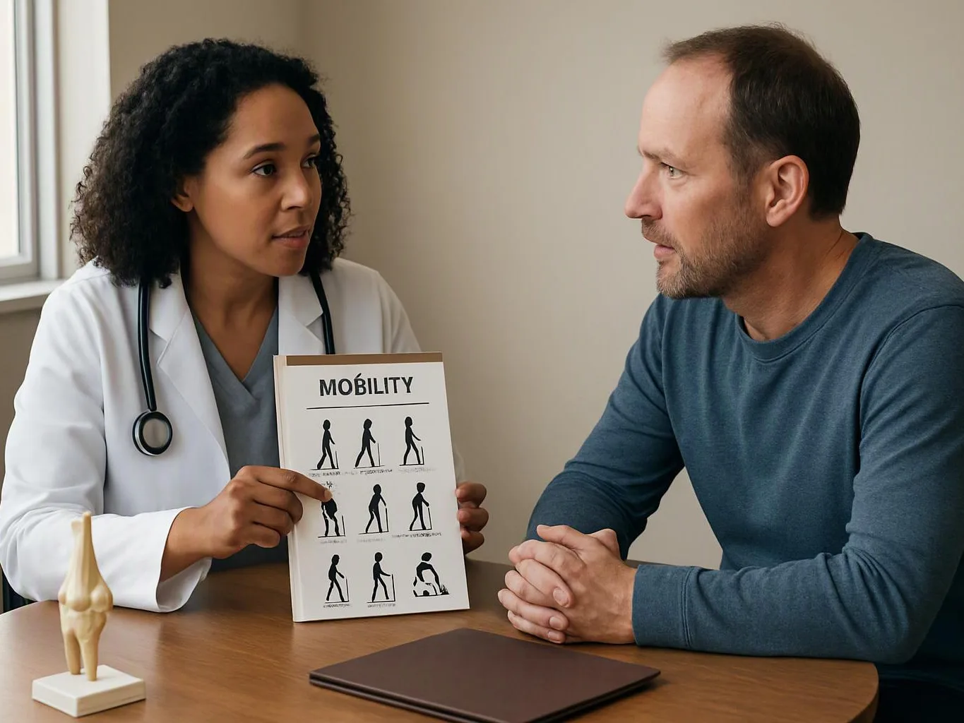 A doctor shows a mobility chart to a seated man across a table in a clinic room
