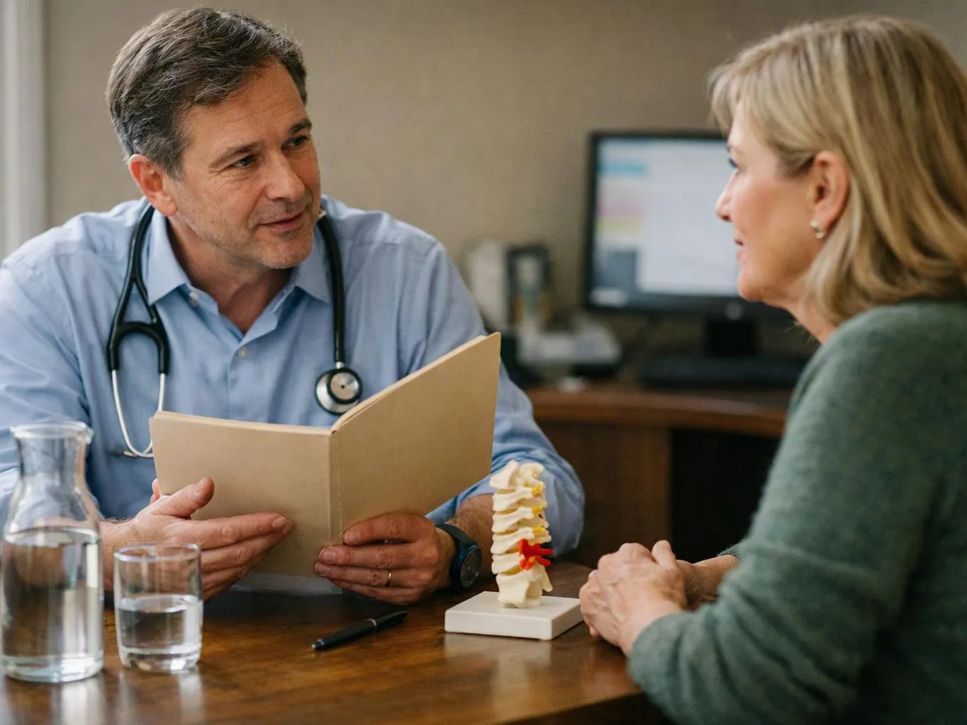 A doctor with a stethoscope discusses a folder with a woman across a desk in a clinic office