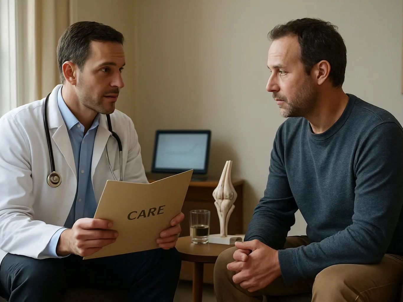 A doctor talks with a seated man in a quiet room, holding a folder labeled “CARE”