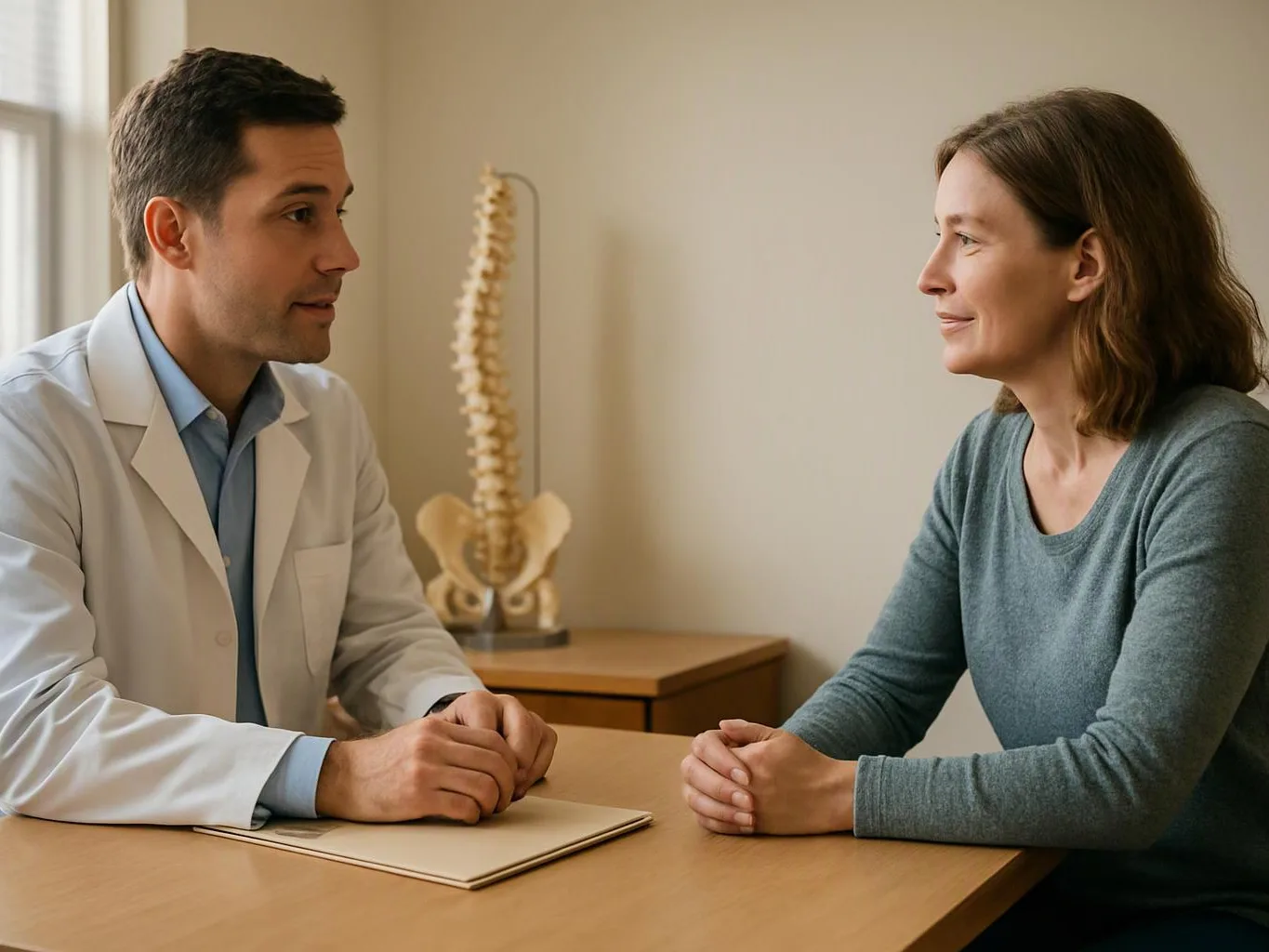 A doctor talks with a seated woman across a desk, with a spine model in the background