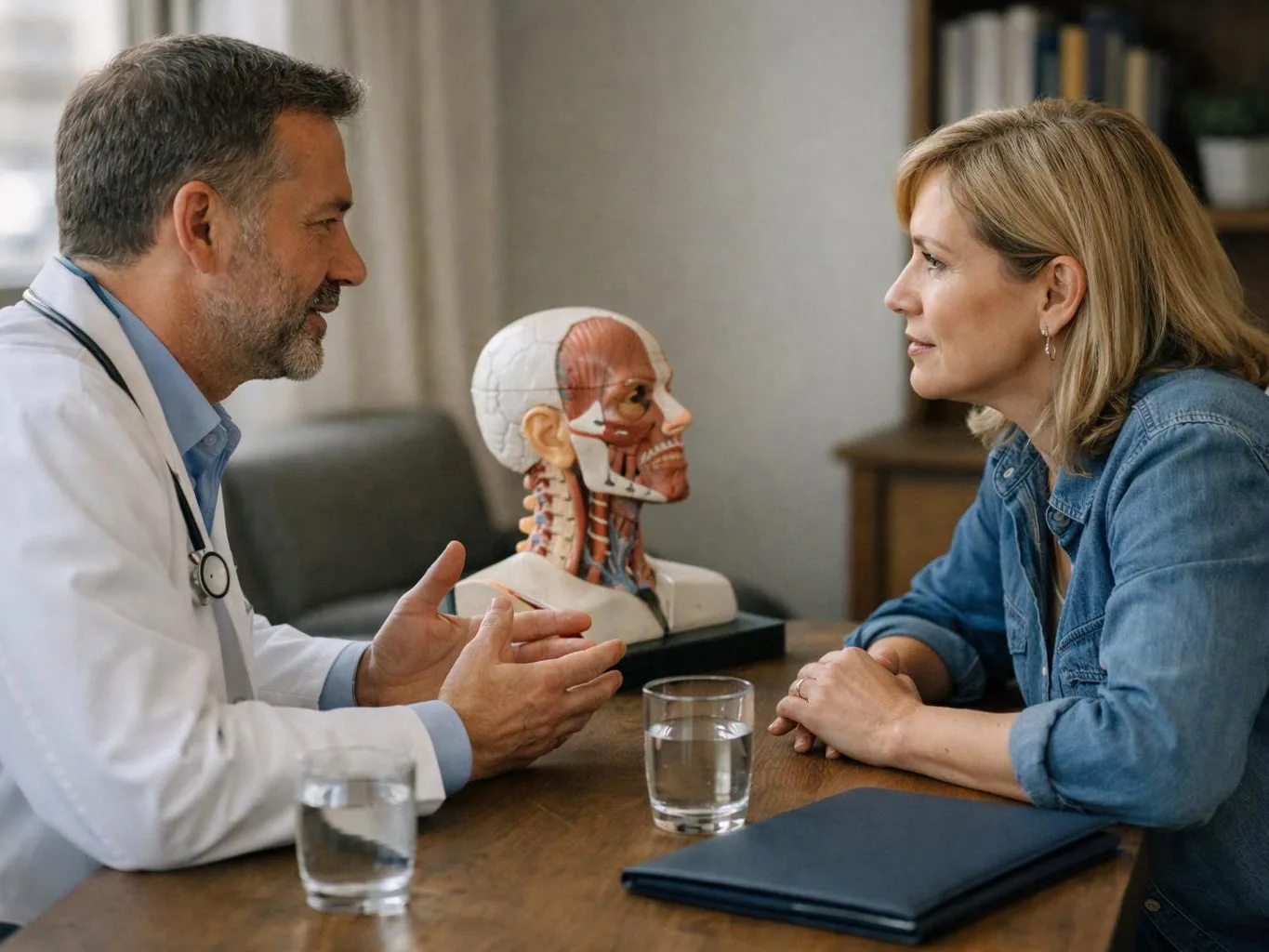 A doctor talks with a woman across a table beside a medical head model in a bright room