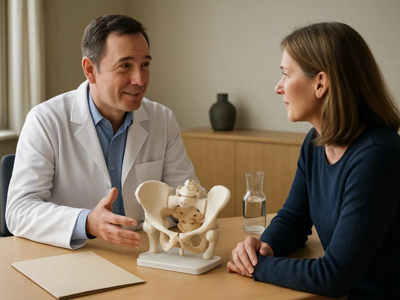 A doctor in a white coat explains a pelvis model to a seated woman across a table